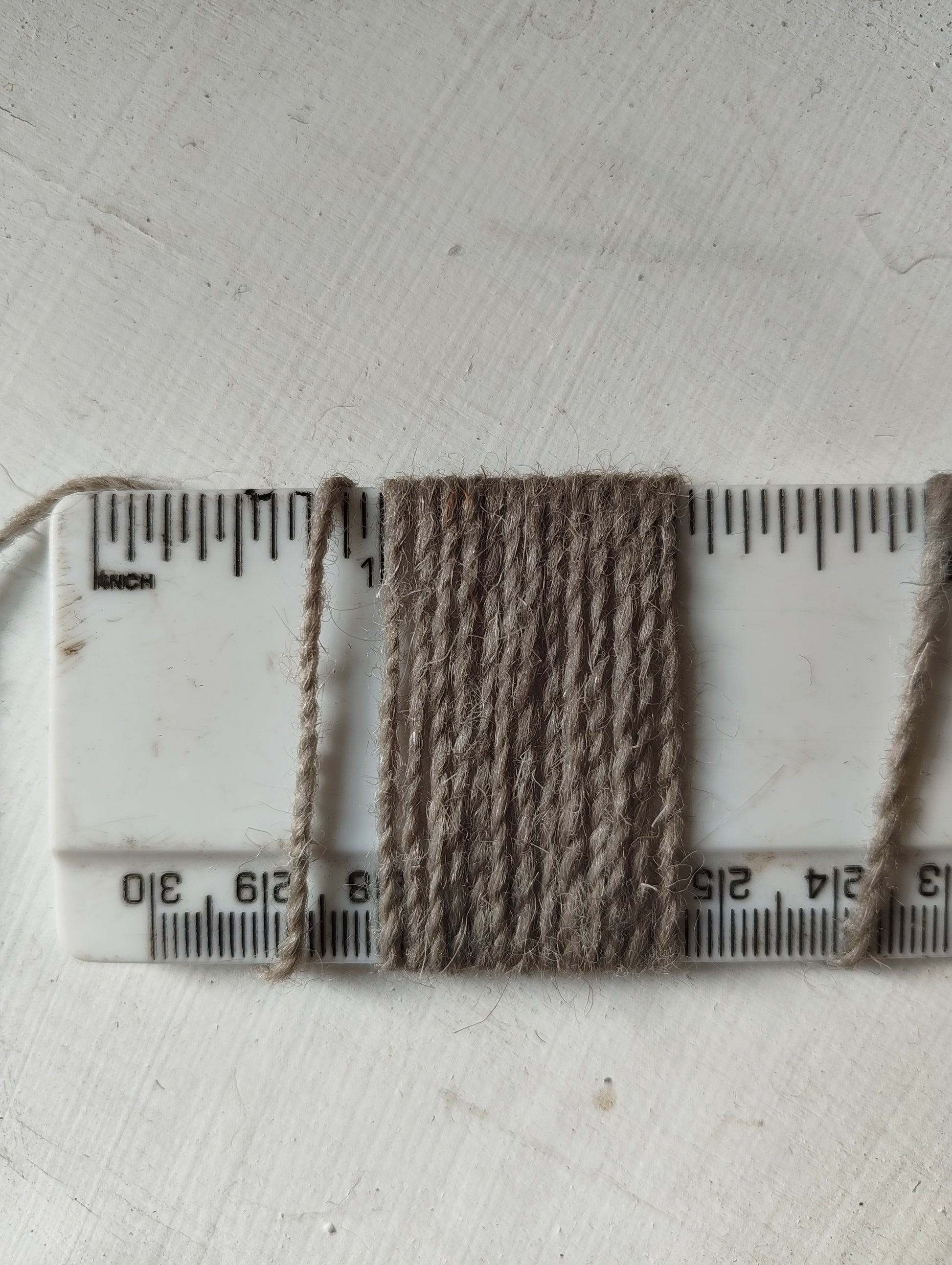 Grey Hint of Green thin weaving yarn showing 13 wraps per inch